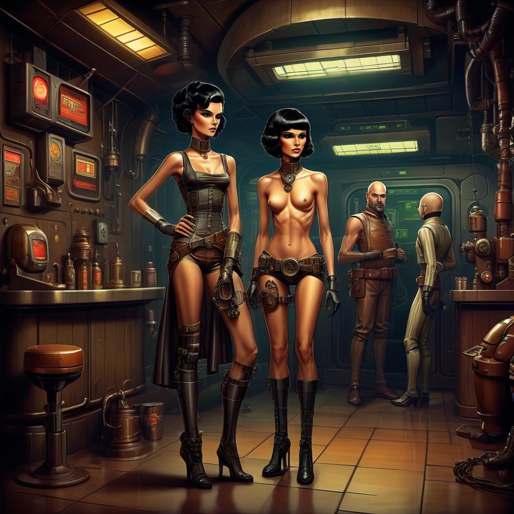  retro game art a group of smugglers, a potty man, 40 year, small, bald, black. a young , 20 year, medium sized s, graceful thin waist, long slender legs, black hair, droid, minotaur. full length image, steampunk, dieselpunk, paropunk, stand in a futuristic tavern. . 16 bit, vint colors, pixelated, nostalgic, charming, fun