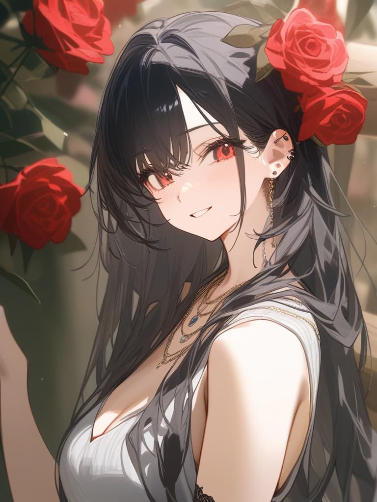  long hair, black hair, hair tips are pink, red eyes, hanging, bangs, and length of bangs, smiles, adults, adult faces, piercings, necklaces, black lace clothes, red rose tattou on arms in contained, thin makeup, rose tattoo on the arm, pink and black hair, masterpiece, best quality,8k,ultra detailed,high resolution,an extremely delicate and beautiful,hyper detail