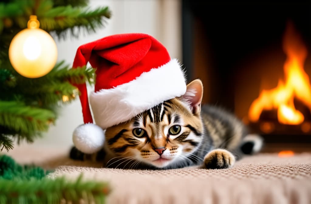  cinematic film style, christmas cute striped kitten near the tree sleeps in a santa hat, in the background in blur fireplace, cozy atmosphere, movie effect, light background, ar 3:2, shallow depth of field, vignette, maximum details, high budget hollywood movie, bokeh, cinemascope, moody, epic, gorgeous, sun rays and shadows on furniture and surfaces, flattering light, raw photo, photography, photorealistic, 8k resolution, f1.4, sharpened focus, sharp focus