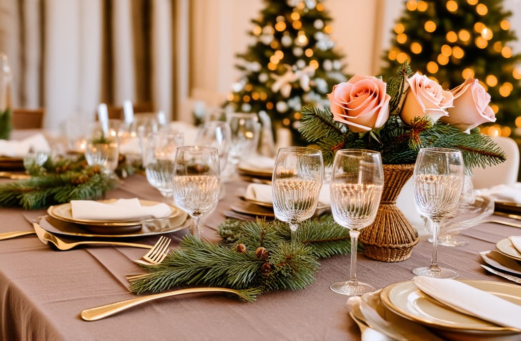  professional detailed photography, table set for a party, christmas table, christmas decoration, christmas table setting rose ar 3:2, (muted colors, dim colors, soothing tones), (vsco:0.3)