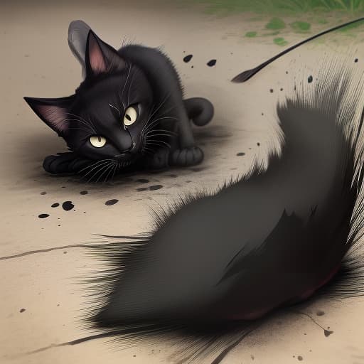  black painted cat crushed a rat with his paw