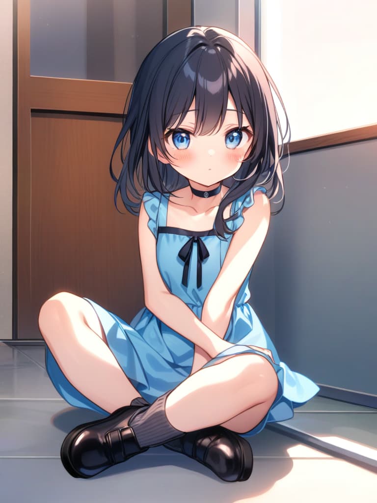  an anime posing for a picture in blue dress and shoes under window,1,solo,black footwear,sitting,blue dress,s,blue eyes,long hair,dress,looking at viewer,indian style,sleeveless,age,black hair,socks,bare arms,shoes,choker,sleeveless dress,bare shoulders,collarbone,blush,bangs,black choker,cute