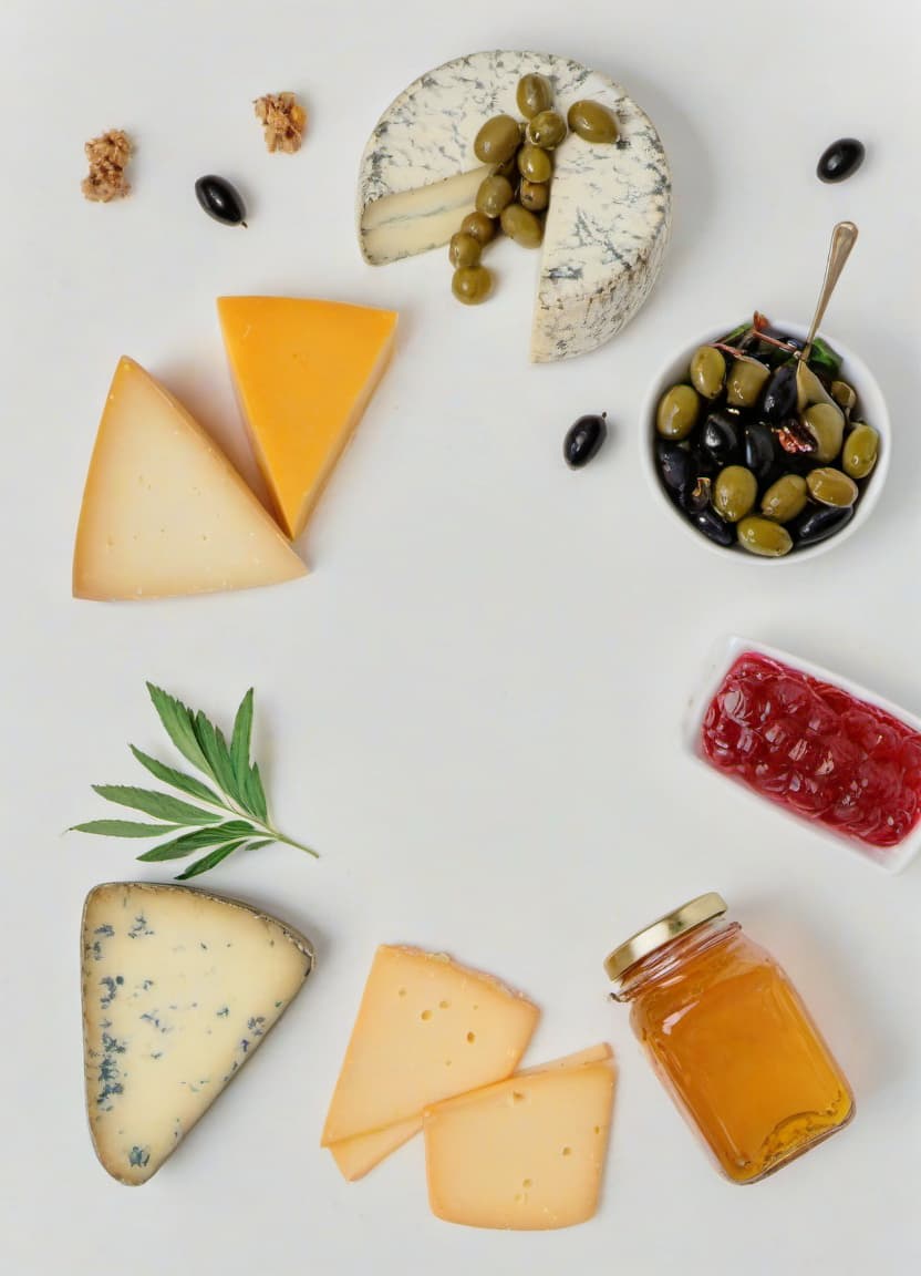  a beautiful composition of several types of cheese on the table, as well as honey and raspberry jam, several raspberries and olives, film photography style