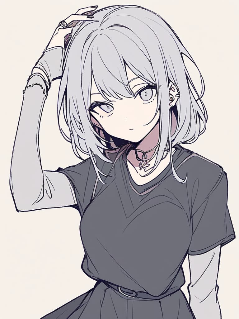  lineart, gray hair, man, throat buddha, sister clothes, black clothes, tobacco, ring on the head,