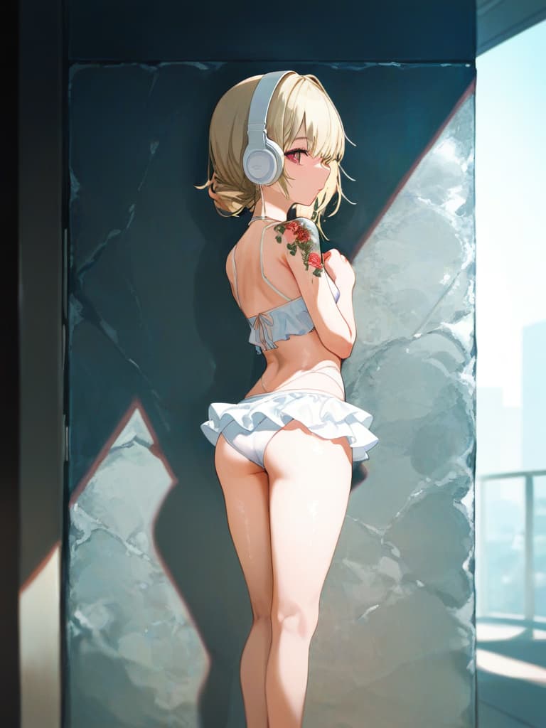  white swimwear, white headphones, blonde twin tails, pools, poses on the wall, pose to show your back, , foot, whole body, frill pareo, snake tattoo on , snake tattoo, tattoo, masterpiece, best quality,8k,ultra detailed,high resolution,an extremely delicate and beautiful,hyper detail