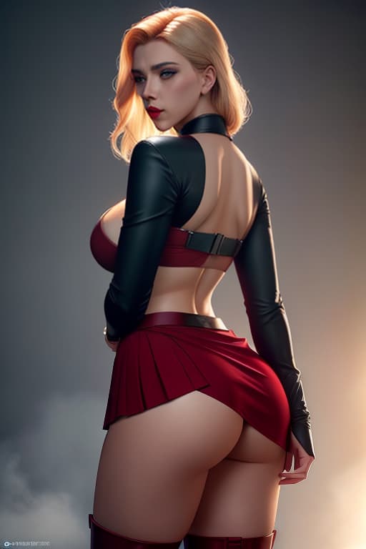 Full lenght picture, Scarlett Johansson, nurse cosplay, beautiful face, perfect body, dark make up, skirt lift, pantyless, lustful, sexy, huge breasts, cleavage, belly button, shaved pussy, butt, carmin red lips, back view, boots hyperrealistic, full body, detailed clothing, highly detailed, cinematic lighting, stunningly beautiful, intricate, sharp focus, f/1. 8, 85mm, (centered image composition), (professionally color graded), ((bright soft diffused light)), volumetric fog, trending on instagram, trending on tumblr, HDR 4K, 8K