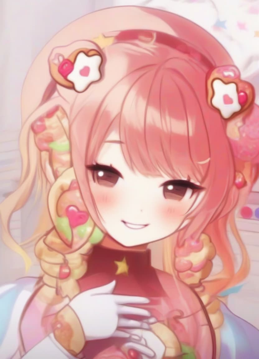  princess donut, light smile, doughnut shaped hair decoration, doughnut clips, shows donut in her hands