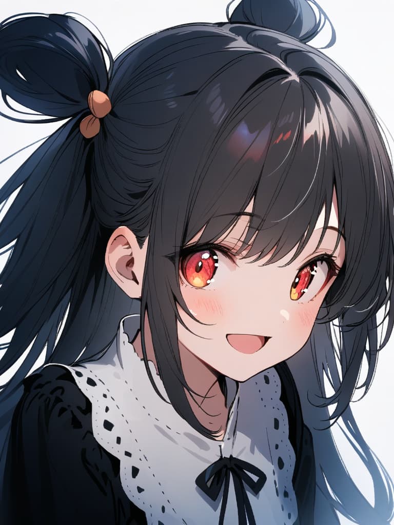  ultra detailed:1.2,masterpiece:1.2,best quality,masterpiece,bestquality,hdr:1.1,8k:1.1,very cute girl:1.3,((black hair,half up,long hair:1.9)),((two side up,twintail:1.4)),(red eyes,almond eyes:1.8),(cute smile:1.7),(harf open mouth:1.4),(upper body,from side:1.2),(from above:1.2)face focus:0.7,(black gothic lolita:1.6),looking away