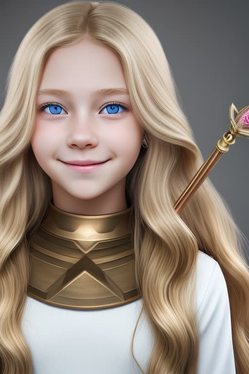  cute modern young adukt girl long wavy blonde hair blue eyes shy smile white skin holding a bronze sceptre epic background