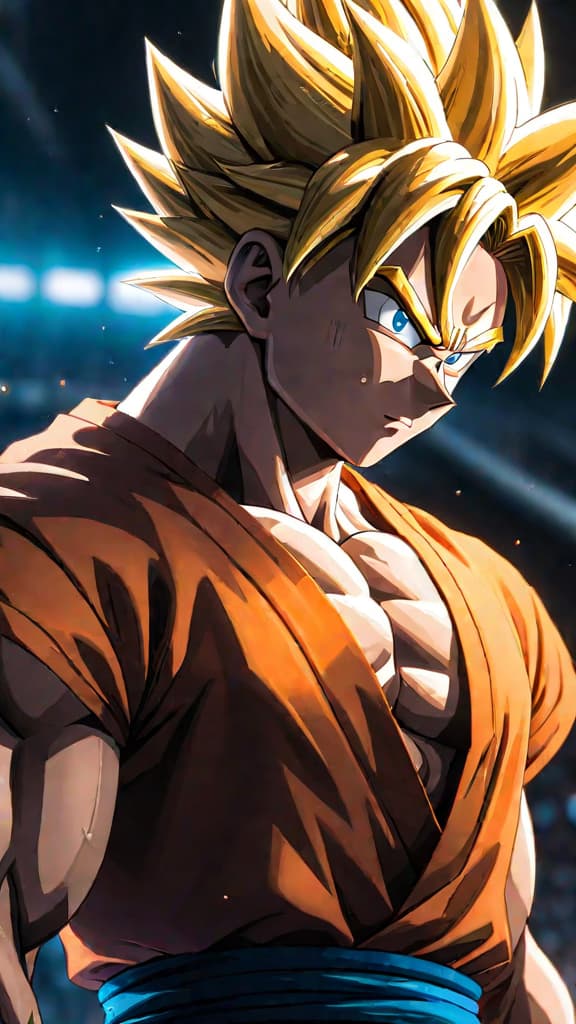  anime art: goku turning super saiyan for the first time with intense emotion and glowing aura. hyperrealistic, full body, detailed clothing, highly detailed, cinematic lighting, stunningly beautiful, intricate, sharp focus, f/1. 8, 85mm, (centered image composition), (professionally color graded), ((bright soft diffused light)), volumetric fog, trending on instagram, trending on tumblr, HDR 4K, 8K