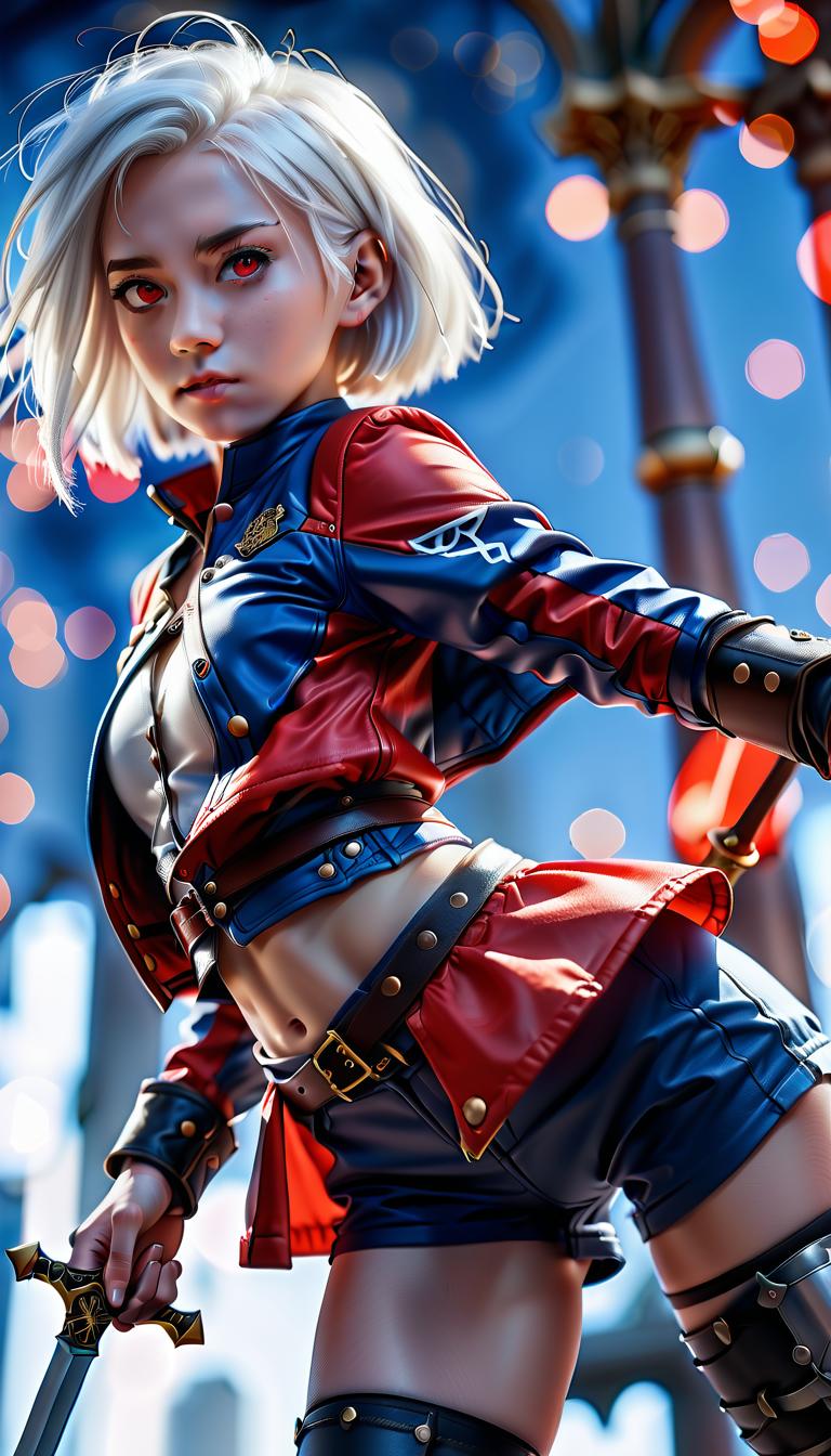  cinematic photo behind, the view from below, the girl with the sword, white hair, short hair, red top, blue jacket, black shorts. . 35mm photograph, film, bokeh, professional, 4k, highly detailed, perfecteyes, glowneon