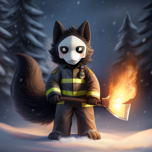  Puro, Firefighter uniform, Holding a fire axe, brown fur, snow eviroment, fluffy ttail, fluffy, big tail, open eyes, digital art, masterpiece, 4k, fine details,