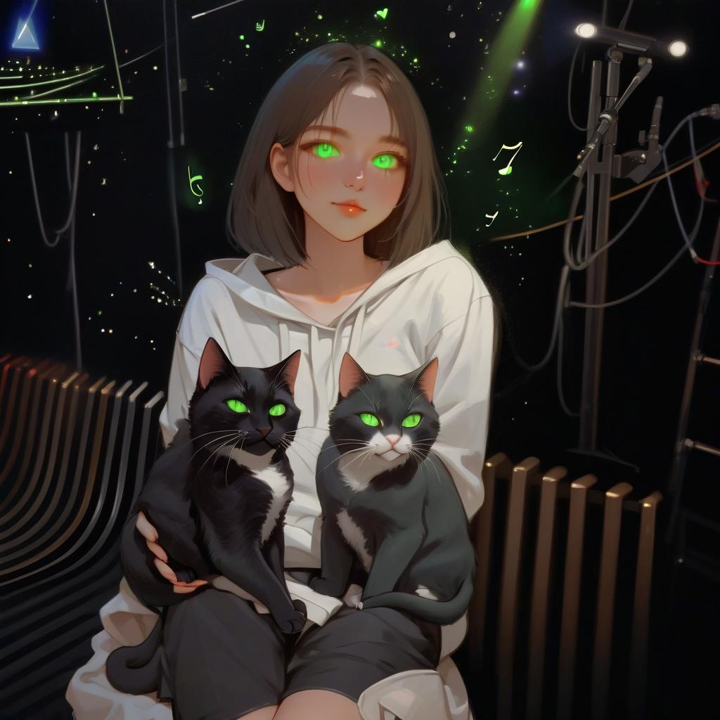  girl with green eyes, two cats, spotlights, stage, space in the background, love of music, idol