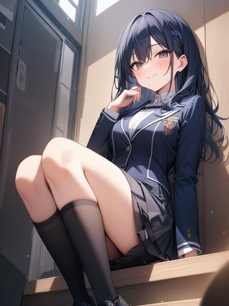  smile girl, dark blue blazer, uniform, mini , long hair, cute, dark blue high socks, masterpieces, winks, winks, masterpiece, best quality,8k,ultra detailed,high resolution,an extremely delicate and beautiful,hyper detail