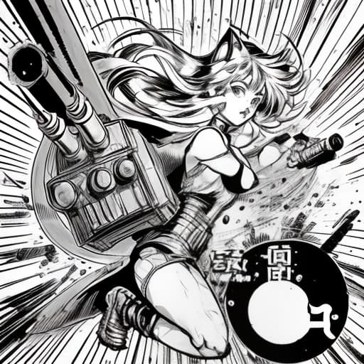  (1) strict cat 2) there should be a torn tank gun in one hand. (3) in the other hand, a circular logo named “nytro”, sketch, manga sketch, pencil drawing, black and white, manga, manga style, low detail, line art, vector art, monochromatic, by katsuhiro otomo and masamune shirow and studio ghilibi and yukito kishiro