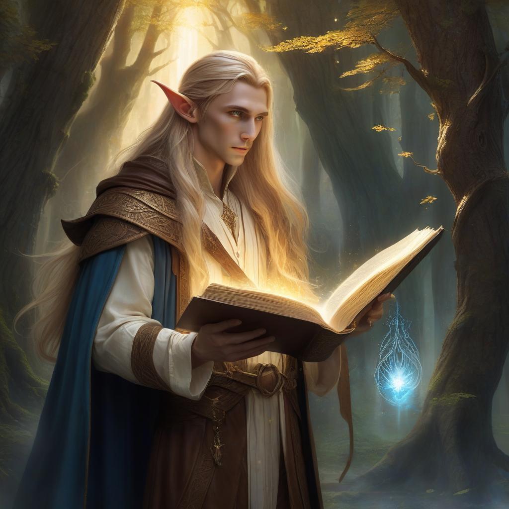  ethereal fantasy concept art of very beautiful low and slender elf with light skin, long straw hair and blue eyes, dressed in a white shirt and brown pants, a brown cloak hangs on his shoulders, an open book with leather binding and a drawing of a tree made of golden lines hovers in front of the elf, a wizard's tower . magnificent, celestial, ethereal, painterly, epic, majestic, magical, fantasy art, cover art, dreamy, hkmagic