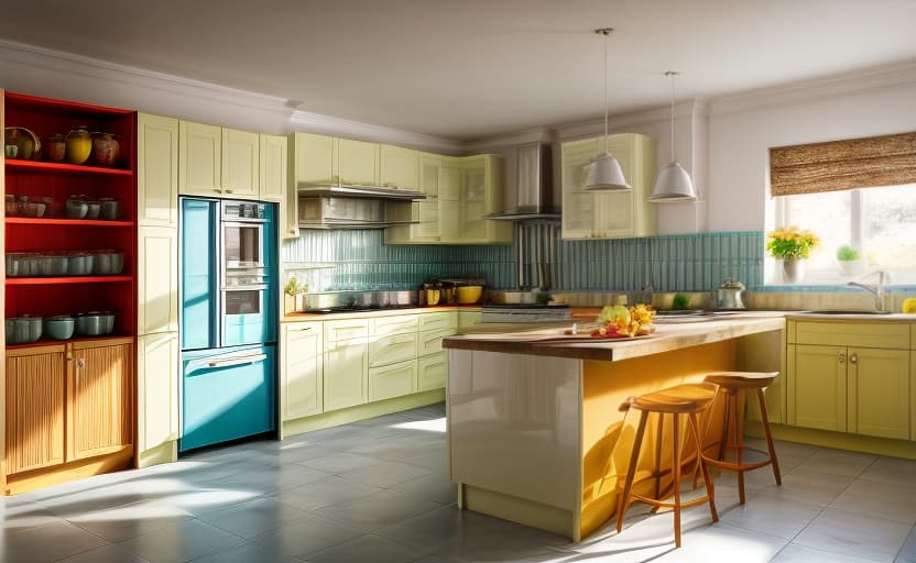  colour ful kitchen, morning light, inframe