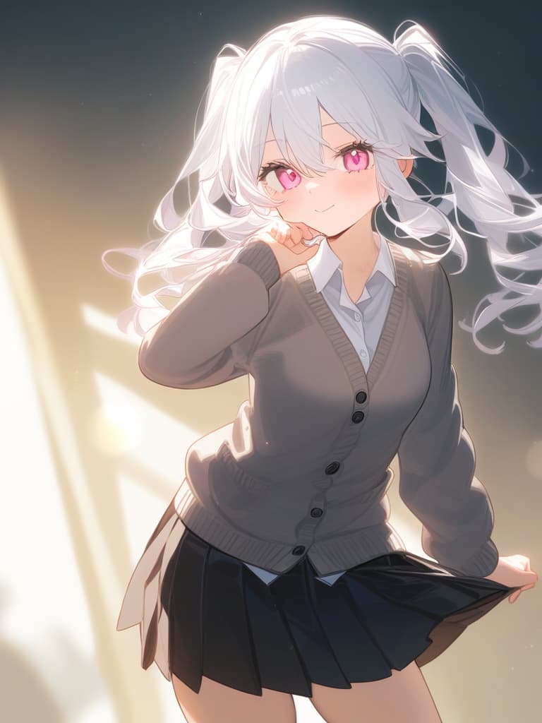  cute face focus,cute,white hair,pink eyes,cute posing,cardigan,pleats skirt ,long hair,young,twintail