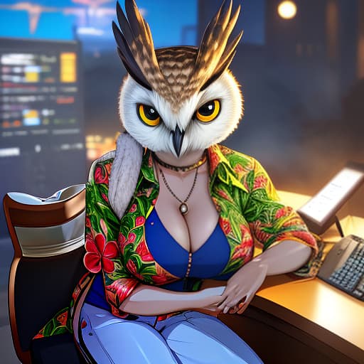  An owl dressed in a Hawaiian shirt sits at a table, a calculator on the table, securities hyperrealistic, full body, detailed clothing, highly detailed, cinematic lighting, stunningly beautiful, intricate, sharp focus, f/1. 8, 85mm, (centered image composition), (professionally color graded), ((bright soft diffused light)), volumetric fog, trending on instagram, trending on tumblr, HDR 4K, 8K
