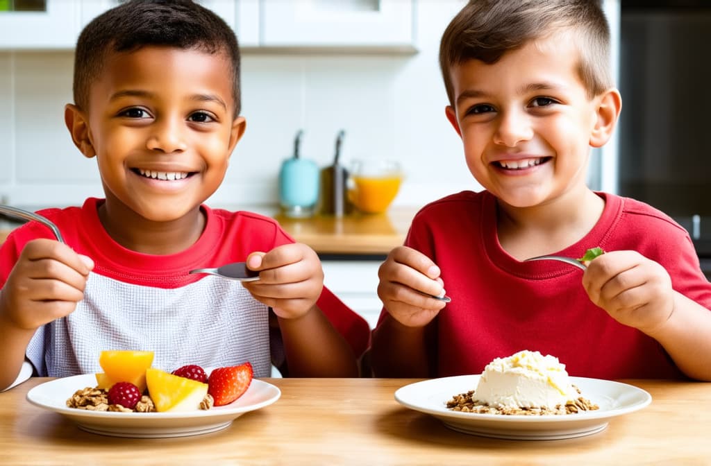  two smiling fair skinned европейцы children sitting at the table and holding a spoon in their hand, in front of each child there is a plate with cottage cheese with fruits and muesli, healthy breakfast concept, against the background of a modern kitchen ar 3:2, (natural skin texture), highly detailed face, depth of field, hyperrealism, soft light, muted colors