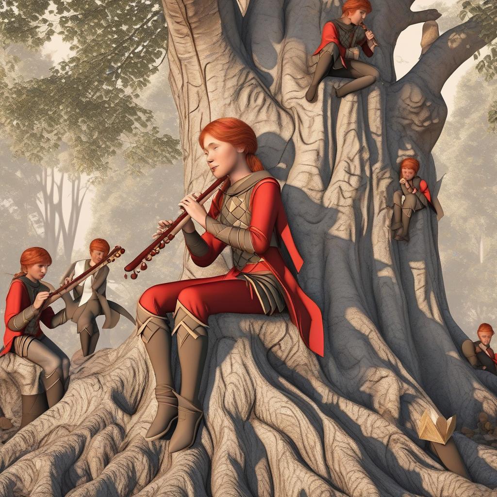  The red-haired elf girl sits on a 1000-year-old tree playing a flute surrounded by four golden elves