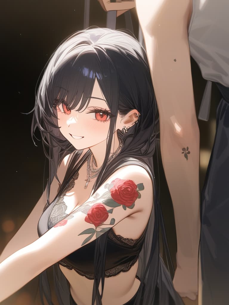  long hair, black hair, hair tips are pink, red eyes, hanging, bangs, and length of bangs, smiles, adults, adult faces, piercings, necklaces, black lace clothes, red rose tattou on arms in contained, thin makeup, rose tattoo on the arm, pink and black hair, masterpiece, best quality,8k,ultra detailed,high resolution,an extremely delicate and beautiful,hyper detail