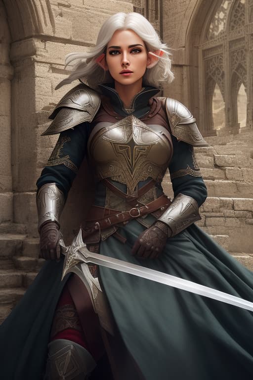  A half elf girl with short white hair, a templar., (intricate details:0.9), (hdr, hyperdetailed:1.2) hyperrealistic, full body, detailed clothing, highly detailed, cinematic lighting, stunningly beautiful, intricate, sharp focus, f/1. 8, 85mm, (centered image composition), (professionally color graded), ((bright soft diffused light)), volumetric fog, trending on instagram, trending on tumblr, HDR 4K, 8K