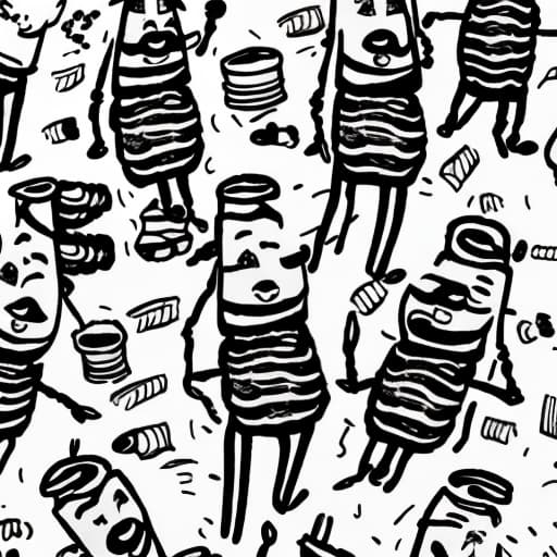  A group of funny line drawing characters of a sausages wrapped in bacon with legs and a smile dancing.