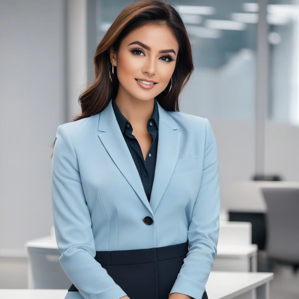  a woman in a modern office wearing a professional outfit with a blazer, collared shirt, and dress pants.