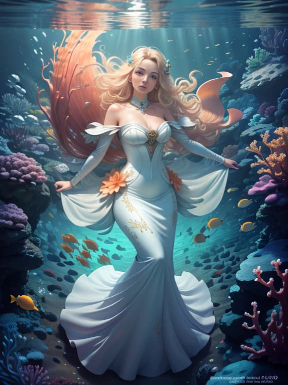  master piece, best quality, ultra detailed, highres, 4k.8k, blonde mermaid with a fishtail, swimming gracefully among corals, elegant and serene, break captivating ocean life., vibrant coral reef, seashells, colorful fish, and seaweed, break magical and serene atmosphere of the underwater world, sunlight filtering through the water, creating mesmerizing patterns, lunarpunkai