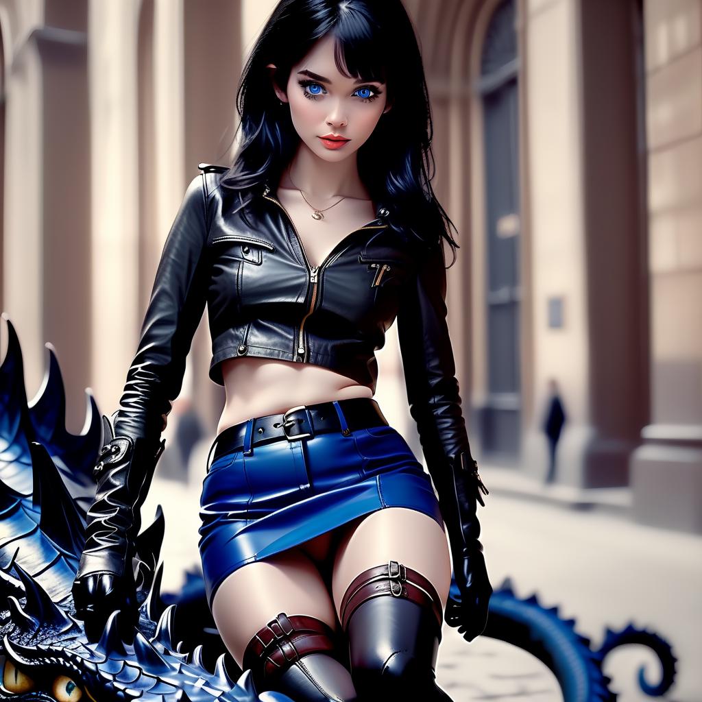  cinematic film still photorealism, beautiful slim woman, full length, blue eyes, black hair, open stomach, leather miniskirt, short leather gloves, stockings, leather garters, open arms, sitting on a dragon, drawing small details, photorealism, high quality. . shallow depth of field, vignette, highly detailed, high budget, bokeh, cinemascope, moody, epic, gorgeous, film grain, grainy, perfecteyes, hkmagic