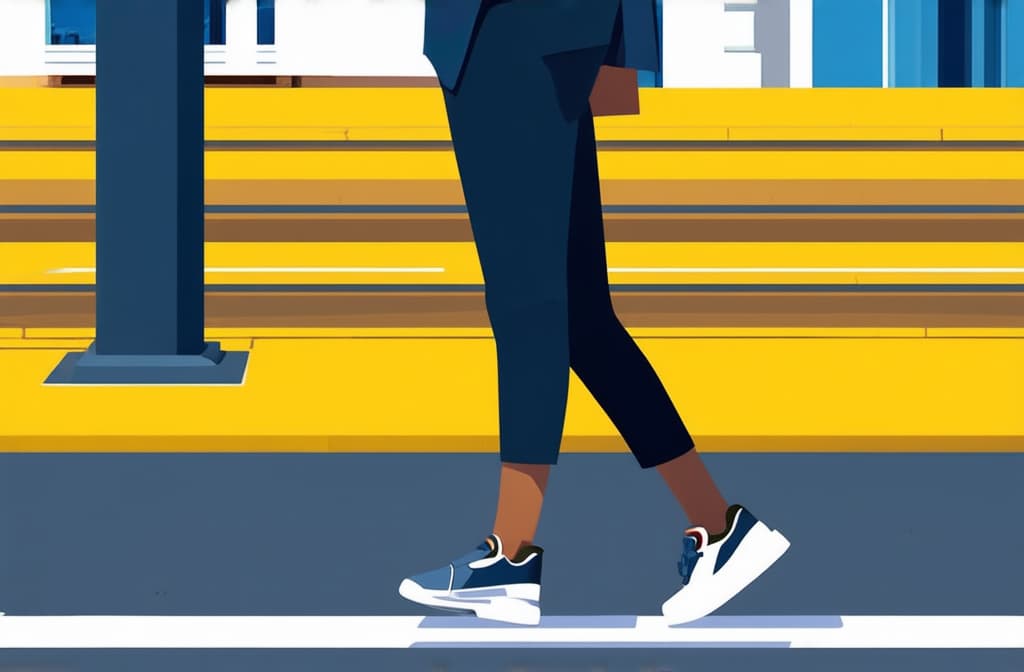  woman with prosthetic leg walking on city sidewalk. flat illustration style ar 3:2 {prompt}, maximum details