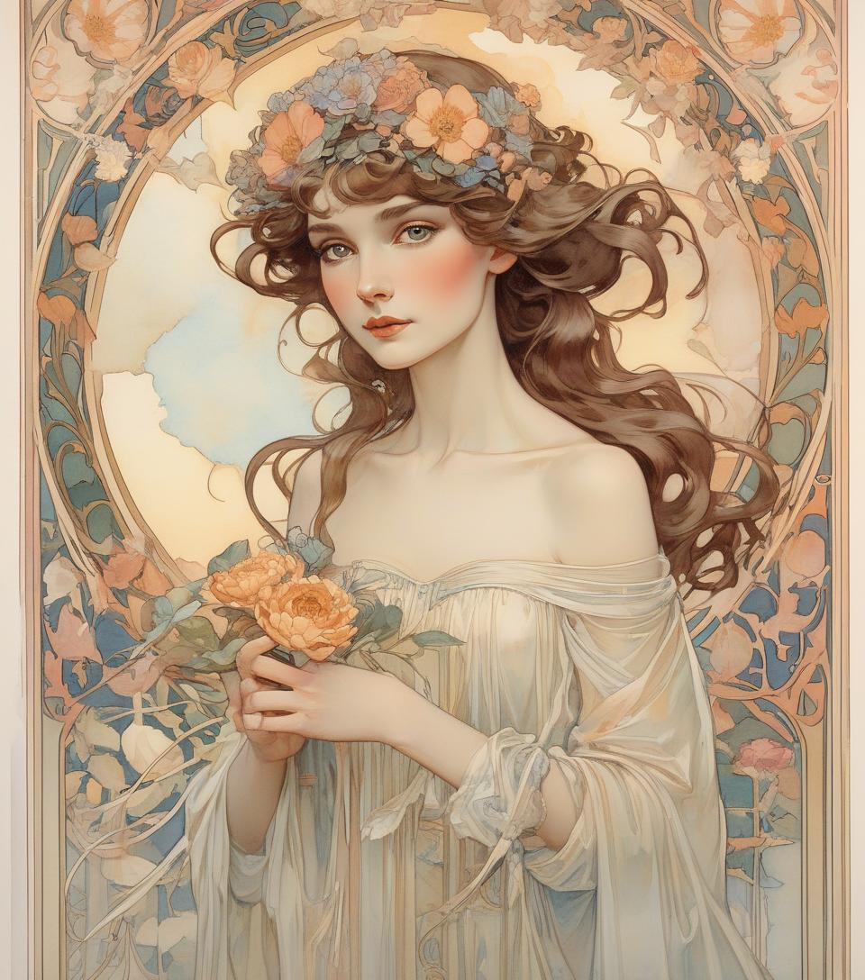  depicting a beautiful woman with flowers , (audrey hepburn:0.8), highly detailed watercolor, the style of alphonse maria mucha and gustave kielmuth, art nouveau accents, fairy tale princess, anthropomorphic woman, female image, detailed cover design, as a flower god, alphonse mucha, by gustav klimt, pale skin, marble sculpture, society, gothic art, art nouveau, winner of the behance competition