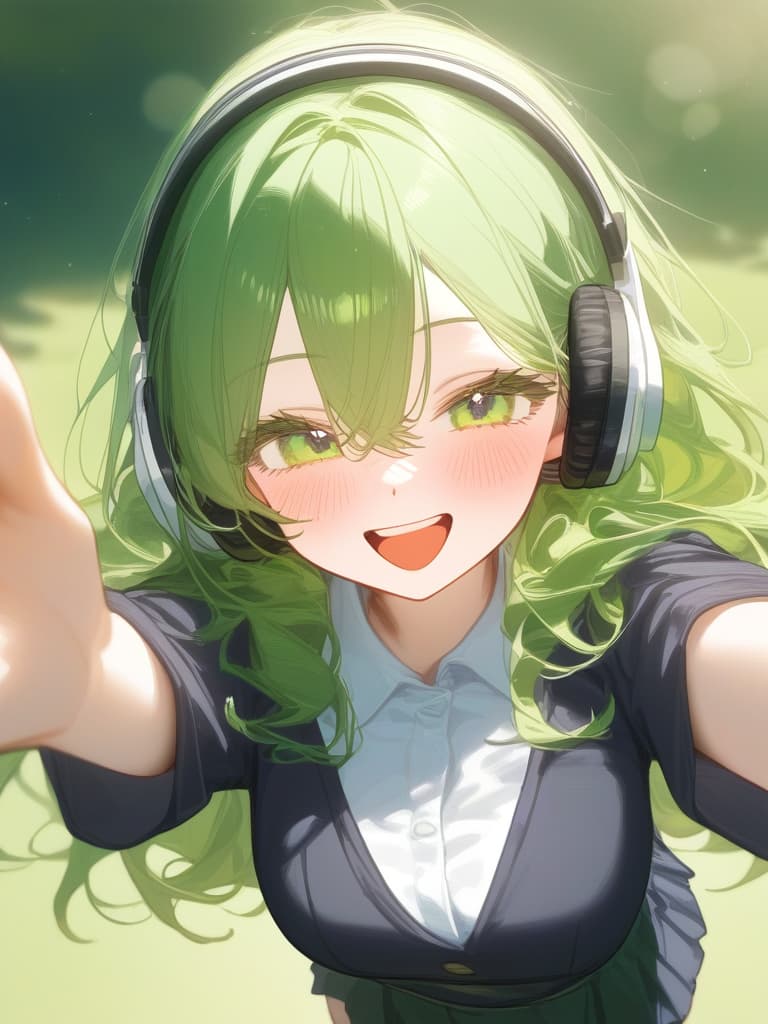  hagakure tohru bangs black clothes black blue clothing collared shirt dress shirt gloves hair between eyes long sleeves mini pleated uniform shirt shirt tucked in short sleeves rolled up sleeves uniform white shirt blush s age eyelashes woman (((with open arms:1.3))) (((i'm feeling excited))) (((headphones:1.3))) green eyes green hair big s medium length hair messy hair short hair teeth upper teeth upper teeth only smirk open mouth open mouth smile one arm outstretched smiling v sign looking at camera one woman alone english language english text text colored eyelashes curly hair ai created