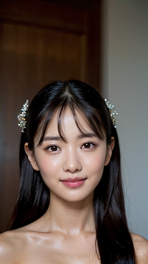  Best quality, masterpiece, ultra high res, (photorealistic:1.4), raw photo, (detail face:1.3), (realistic skin), deep shadow, dramatic lighting, cute, black hair, hair accessory, , innocent, face, clear skin, lovely smile, narrow eyes, deep shadow, dramatic lighting, portrait, portrait size, unedited, symmetrical balance