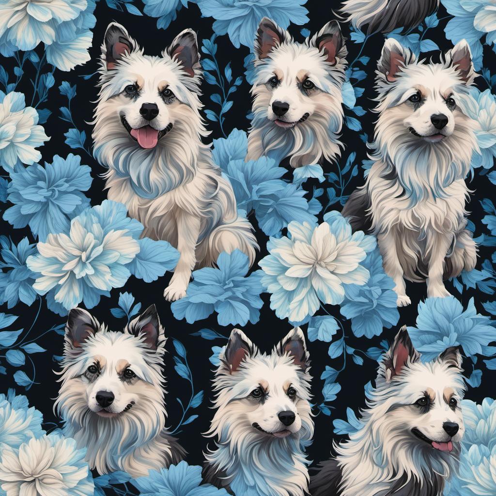  create an image with three dogs, two black tries and one blue merle with the title called dream weavers, van gogh style