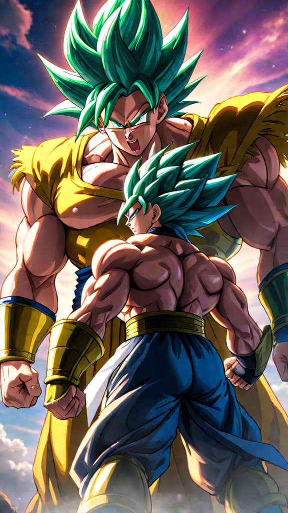  anime art: broly and vegeta stand poised, sparking debate on the next god of destruction in dragon ball. hyperrealistic, full body, detailed clothing, highly detailed, cinematic lighting, stunningly beautiful, intricate, sharp focus, f/1. 8, 85mm, (centered image composition), (professionally color graded), ((bright soft diffused light)), volumetric fog, trending on instagram, trending on tumblr, HDR 4K, 8K