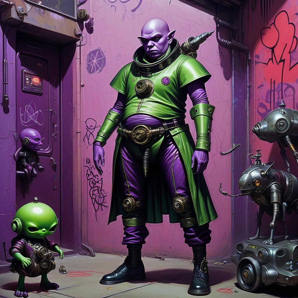  graffiti style a group of space pirates, a young alien of thai appearance, 20 year, purple skin, large size elastic , elegant thin waist, long slender legs, green hair. man, 40 year, small, fat, bald, black. next to the droid and minotaur. full length image, steampunk, dieselpunk, paropunk, standing in a space tavern, against a background of red light. . street art, vint, urban, detailed, tag, mural