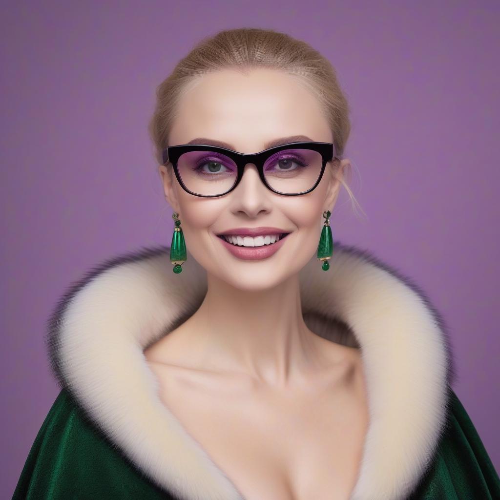  analog photo, russian woman over the age of 50 years, round face, slavic type, round chin, plump cheekbones and cheeks, blond eyebrows, large wide set eyes with an almond shaped incision, blond hair, a carve haircut, a black cape with green stripes. glasses with transparent glasses and a narrow rectangular frame, a kind closed smile, raised corners of the lips, among stars and planets in purple clouds, haze