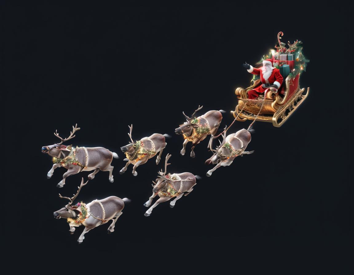  professional 3d model christmas, santa is riding in a sleigh pulled by a herd of reindeers . octane render, highly detailed, volumetric, dramatic lighting, civitai hyperrealistic, full body, detailed clothing, highly detailed, cinematic lighting, stunningly beautiful, intricate, sharp focus, f/1. 8, 85mm, (centered image composition), (professionally color graded), ((bright soft diffused light)), volumetric fog, trending on instagram, trending on tumblr, HDR 4K, 8K