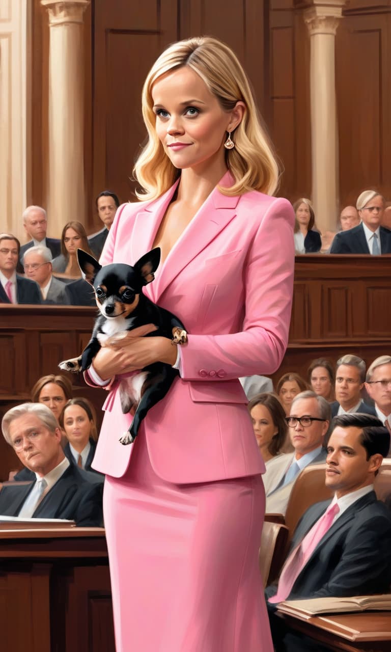  concept art color pink, white, black, gold courtroom reese witherspoon to the waist in a pink suit speaks to the judge in her arms is a chihuahua hua dog . digital artwork, illustrative, painterly, matte painting, highly detailed, perfect hands