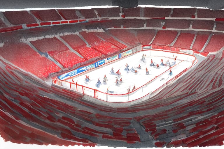  fans in white t shirts and red and gray caps, scarves around the neck, someone's scarves are tied on his arm, standing in the arena, a bottom up view, waving white and red flags. the view is from afar, from below the hockey players play on the ice. aesthetically, beautifully, realistically, professional photo, 4k, high resolution, high detail, 30mm lens, 1/250s, subdued lighting, soft lighting, ultra hd, ultra detailed. 2d style, drawing details, in comic style, contrast. watercolor + pencil, fine drawing