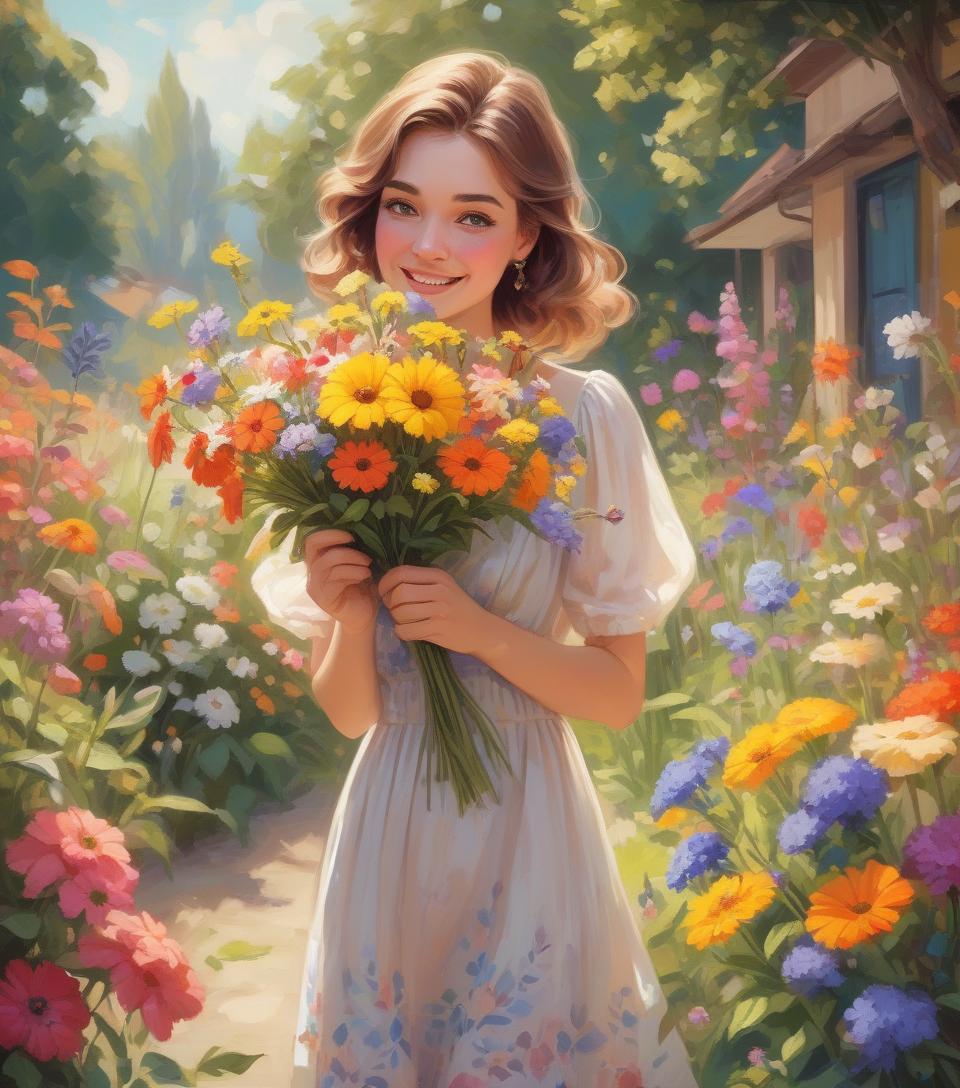  retro game art garden wonders, beautiful woman holding a bouquet of wild flowers to her face, detailed summer garden background, wearing a summer dress, perfect face, delicate face, vivid colors, happiness, oil painting, expressive brushwork, highly detailed, delicate details . 16 bit, vibrant colors, pixelated, nostalgic, charming, fun