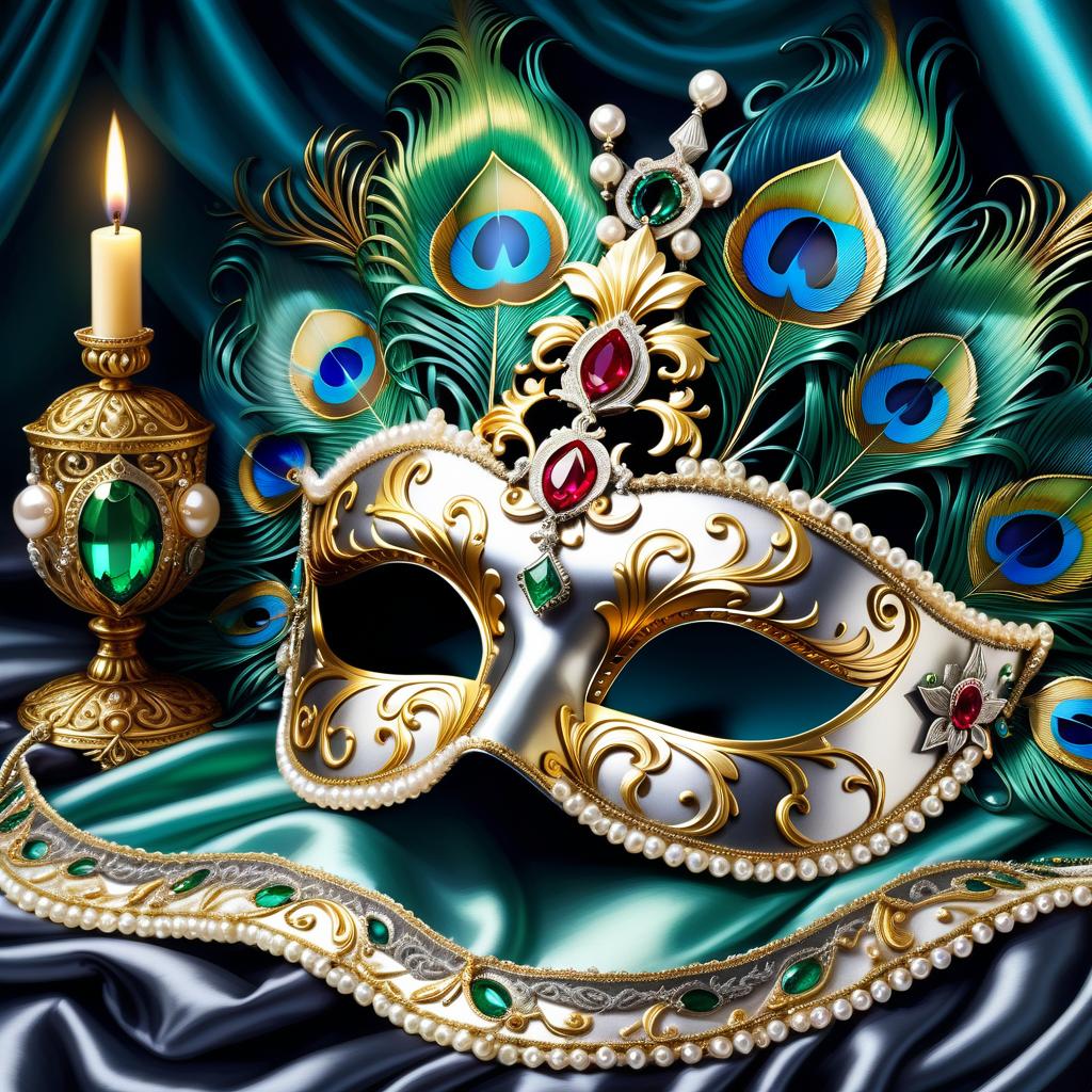  renaissance style (background):black silk cloak, topazes, rubies, emeralds, gold candlestick with white gold flame. ((the eye slits reflect the contours of the palaces and canals of venice1,9)). ((half mask columbine) a mask covering only part of the face. silver mask:with gold patterned ornamentation. colours:light green, blue, pearl cream, peacock feathers, gold and silver beads, gold leaf, gemstones, venetian lace, rhinestones, beads. (style):fantasy, renaissance, dream, mystery, mystery, dream, italy, venice, barcarolle, minestrel. . realistic, perspective, light and shadow, religious or mythological themes, highly detailed