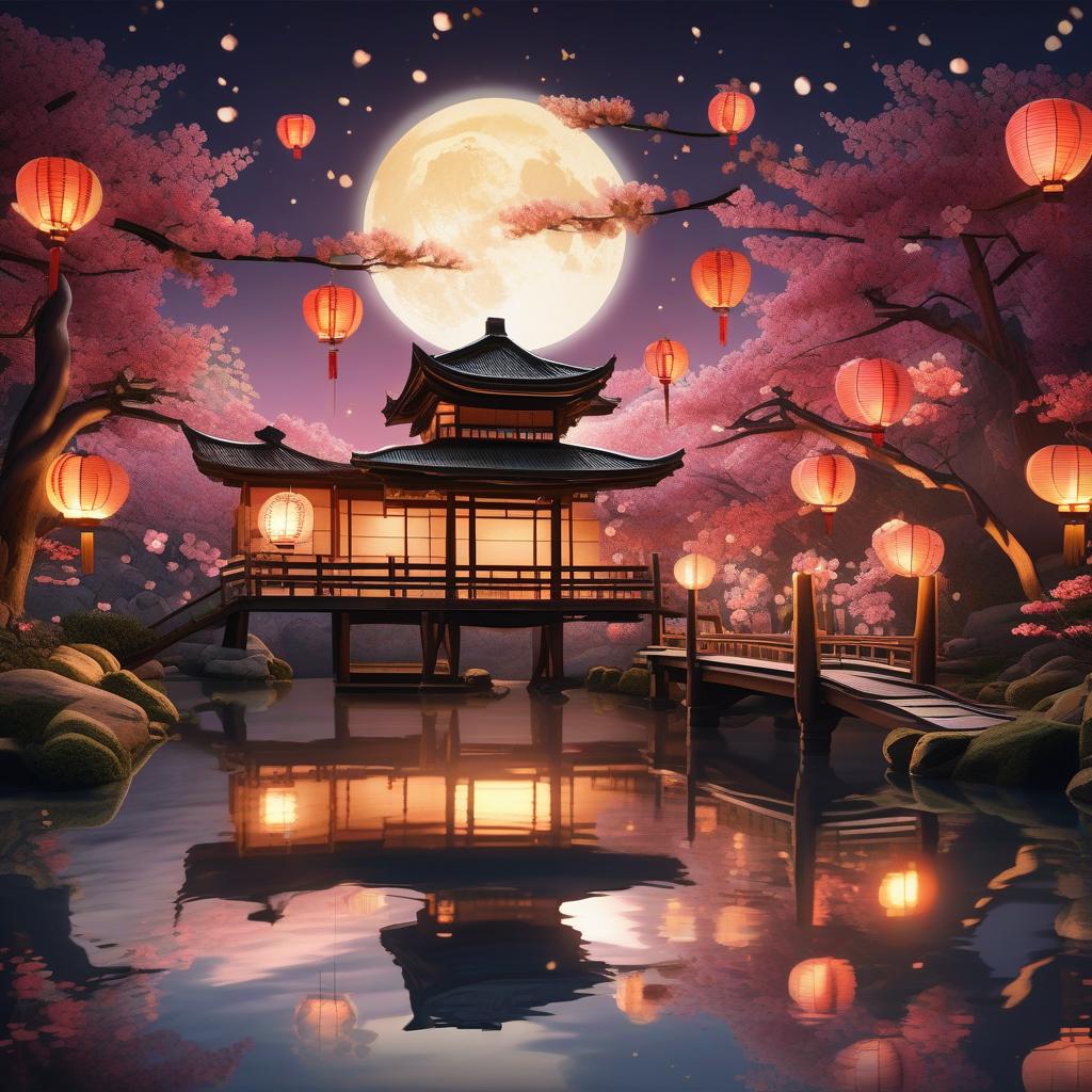  masterpiece, best quality,(fidelity: 1.4), best quality, masterpiece, ultra-high resolution, 8k resolution, night scene inspired by Japanese art, garden illuminated by paper lanterns and wooden bridge spanning a tranquil lake, there is a small Zen temple by the lake. The water reflects the stars.