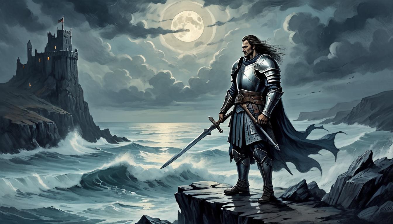  on parchment, surrealism+++, a lone warrior standing tall on a cliff's edge, cliffs jagged and rough, moonlight casting a silvery glow, warrior's armor dented but intact, background of a stormy sea, defiance and resilience(mysterious, provocative, symbolic,muted color)+++