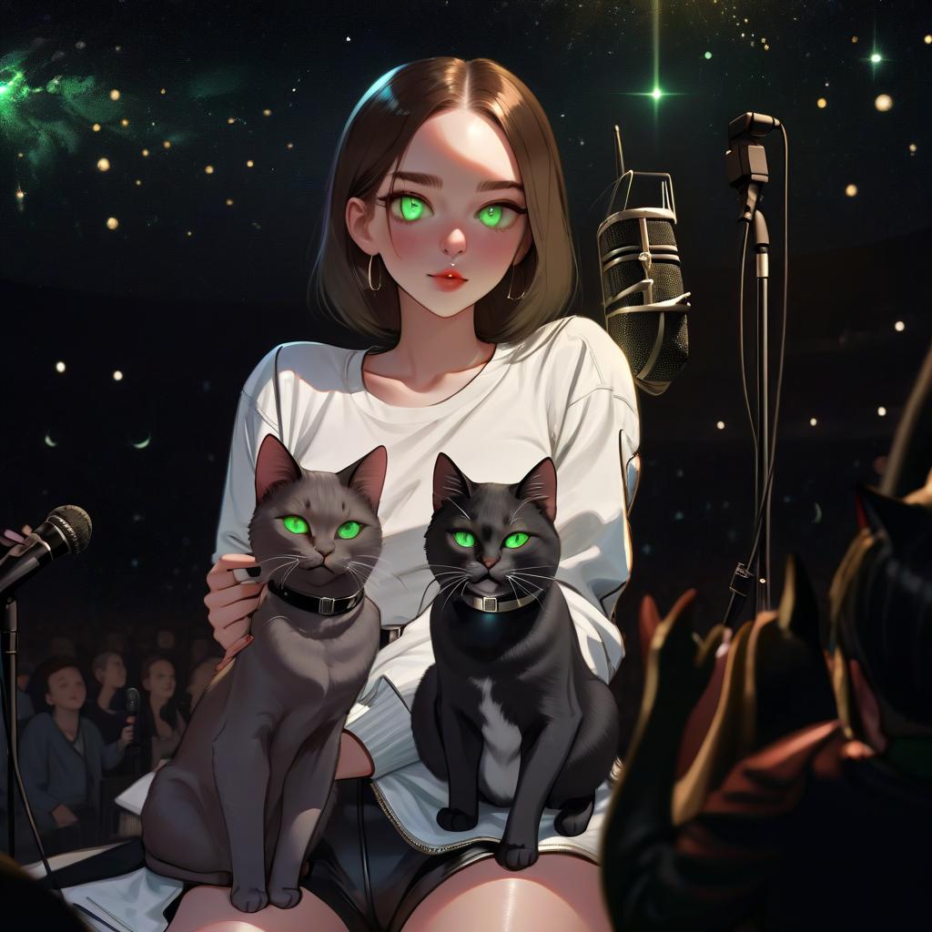  girl with dark green eyes, two cats, space, spotlights, view from the stage, microphone, music, royal grace