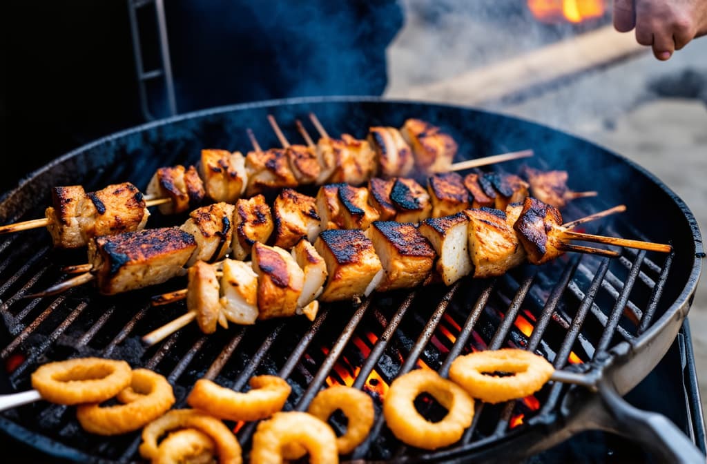  professional detailed photography, shashlik with onion rings on the grill ar 3:2, (muted colors, dim colors, soothing tones), (vsco:0.3)