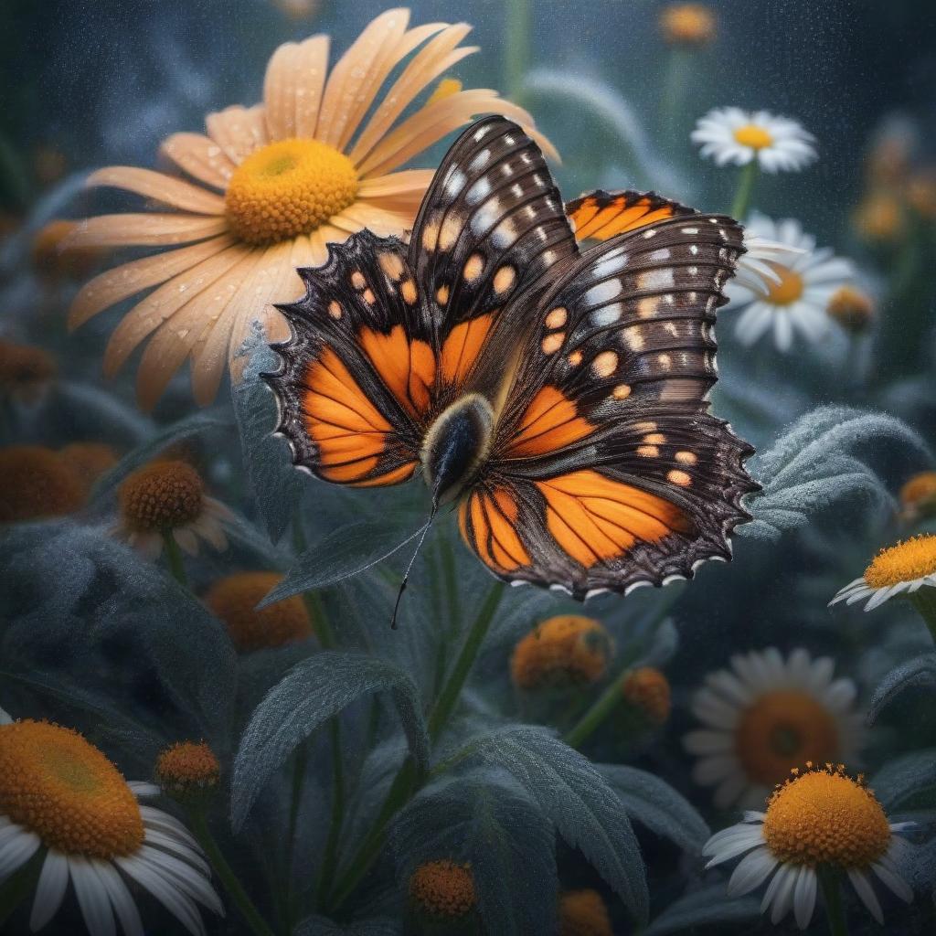  Butterfly "urticaria" on a daisy hyperrealistic, full body, detailed clothing, highly detailed, cinematic lighting, stunningly beautiful, intricate, sharp focus, f/1. 8, 85mm, (centered image composition), (professionally color graded), ((bright soft diffused light)), volumetric fog, trending on instagram, trending on tumblr, HDR 4K, 8K