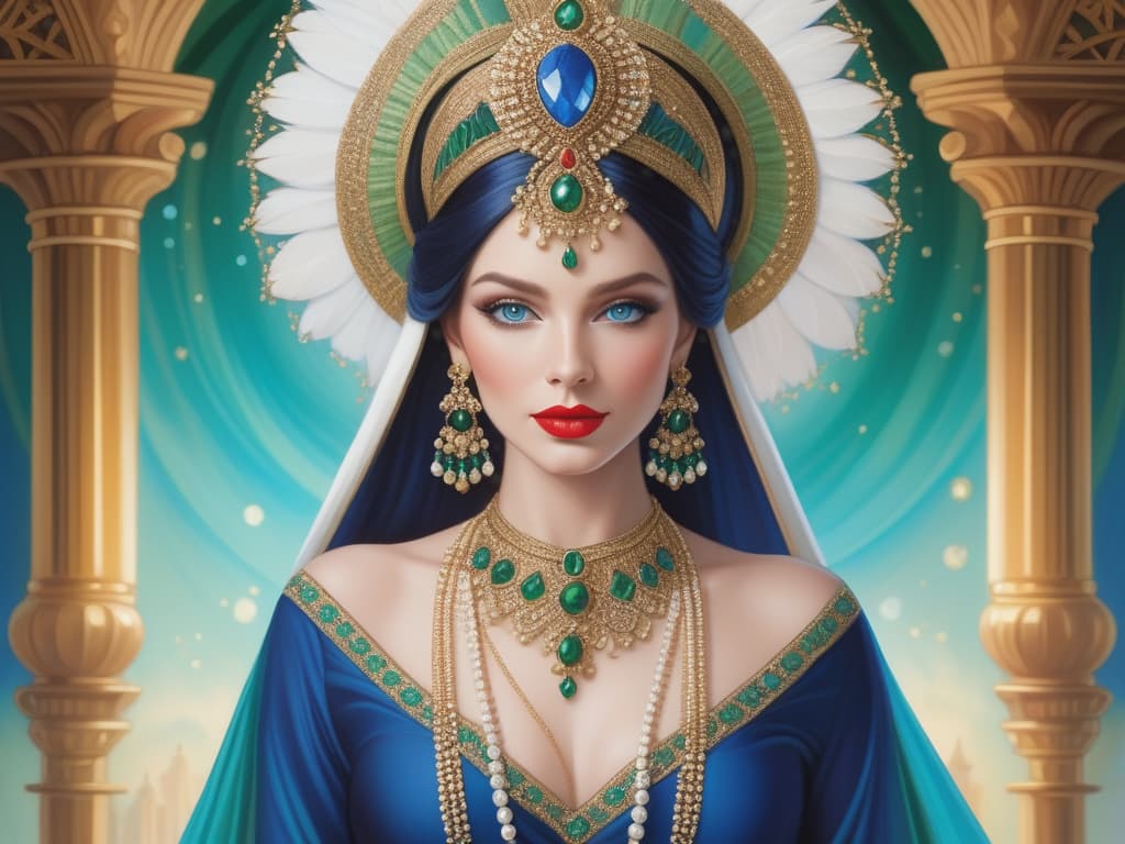  highly stylized and detailed portrait of a woman with fair skin, striking blue eyes, and full lips adorned with red lipstick. she is wearing an elaborate headdress and jewelry that includes a headpiece with green and white gemstones, large dangling earrings, and a matching necklace. the headdress is intricately designed with pearls and emerald like stones, complementing her traditional attire. the background is a soft, blurred mix of blue and green hues, creating a bokeh effect that highlights the subject's regal appearance. the overall composition is rich and vibrant, emphasizing the ornate and luxurious elements of her attire and accessories.